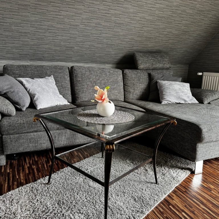 Sofa mit Tisch in der Ferienwohnung Hildegard am Niederrhein. Unsere Ferienwohnung ist ausgestattet mit einem hochwertigen Sofa.